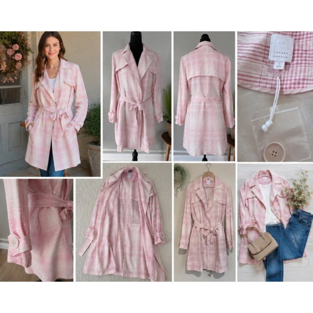 LC Lauren Conrad Pink Plaid Trench Coat Lightweight Belted Jacket Womens Large
